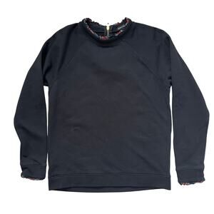 J Crew Black Sweatshirt Tartan Plaid Ruffle Trim Medium Preppy Casual Holiday